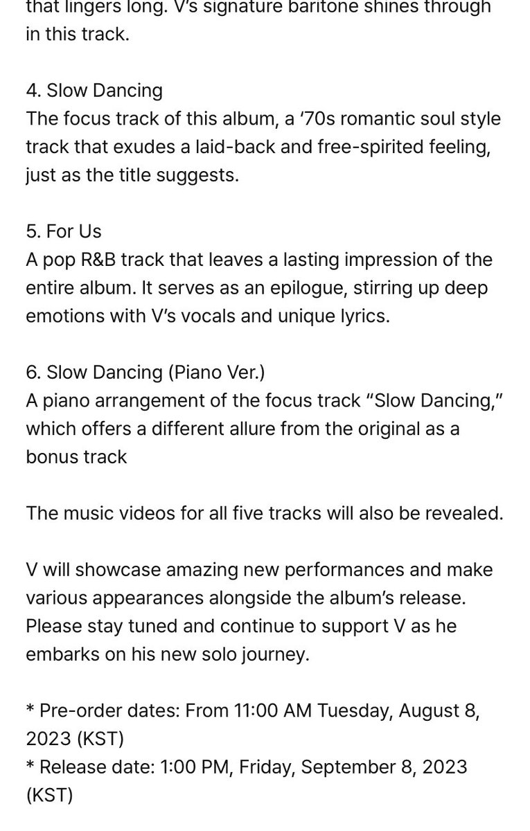 📍Aviso do novo álbum de Kim Taehyung, ‘Lavoyer’:

“Olá. 
Aqui é a Bighit Music.
 
Estamos animados para compartilhar mais detalhes sobre o lançamento do álbum solo do membro do BTS V, ‘Layove’r. O ‘Layover’ consiste em seis faixas no total - cinco faixas e uma faixa bônus. Para