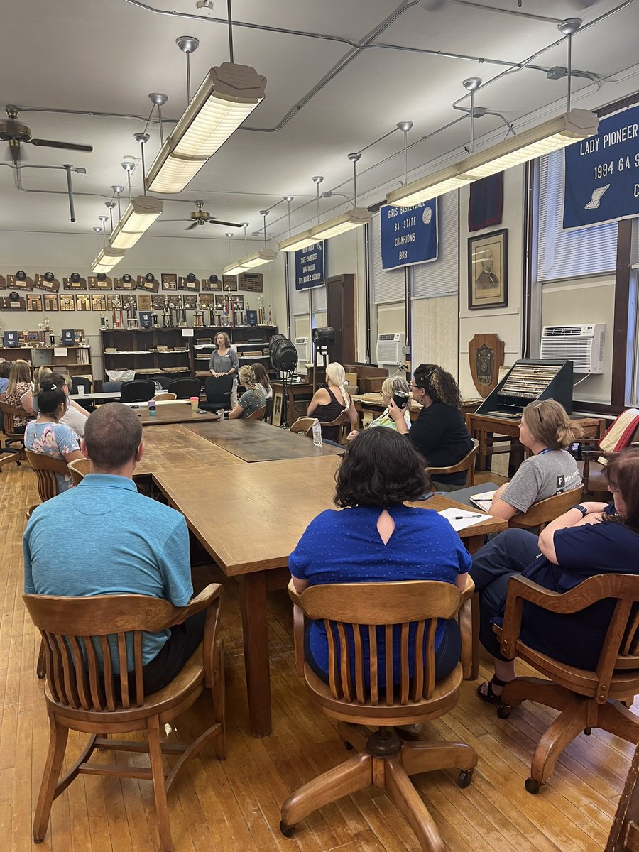Lisa_MCross's tweet photo. “Cheers to 100 years” at Nettie Hartnett! We kicked off our centennial year with a tour of the Leavenworth School District’s archive room to learn about our start! #BacktoSchool2023 #EmbracingOurPastInspiringOurFuture #100Years 💙💙💙 #FirstInKansas 🌻 @PeteTweets453 https://t.co/8w4IsPPA7h