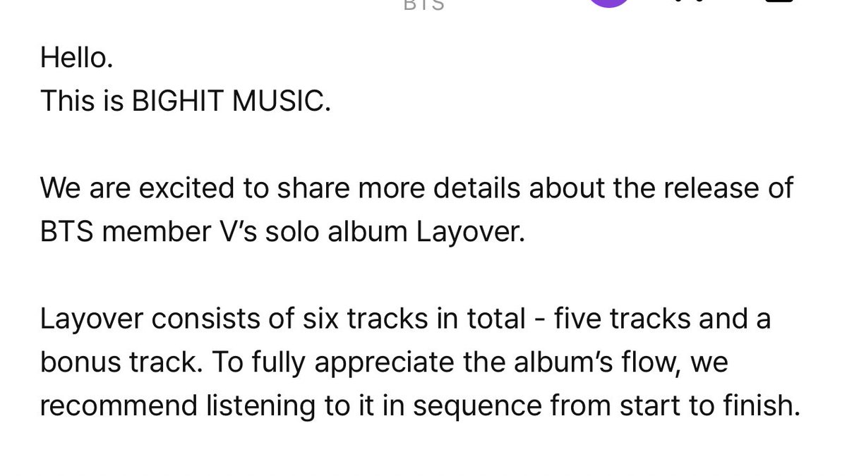 btsaresevennn's tweet photo. — Traducción del comunicado oficial del LANZAMIENTO de “LAYOVER” el ÁLBUM en solitario de #V!

“Estamos emocionados de compartir más detalles sobre el lanzamiento del álbum en solitario de V, miembro de BTS, Layover. Layover consta de 6 canciones en total: 5 pistas y 1 adicional+ https://t.co/QQ8Fp4Fh9x
