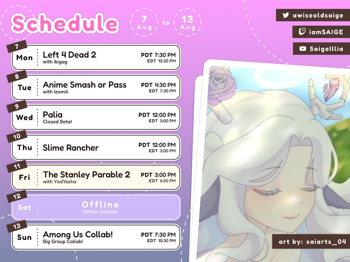 awiseoldsaige's tweet photo. [ August 7, 2023 - August 13, 2023 ]

Back to streaming this week! 🤍

@HeyIzomii and I will be doing an anime Smash or Pass with community submissions on Tuesday, so keep an eye out for his post to toss your own anime crushes into the pool!

#VTuber #VTuberUprising #ENVTuber https://t.co/HVYjlBddgQ