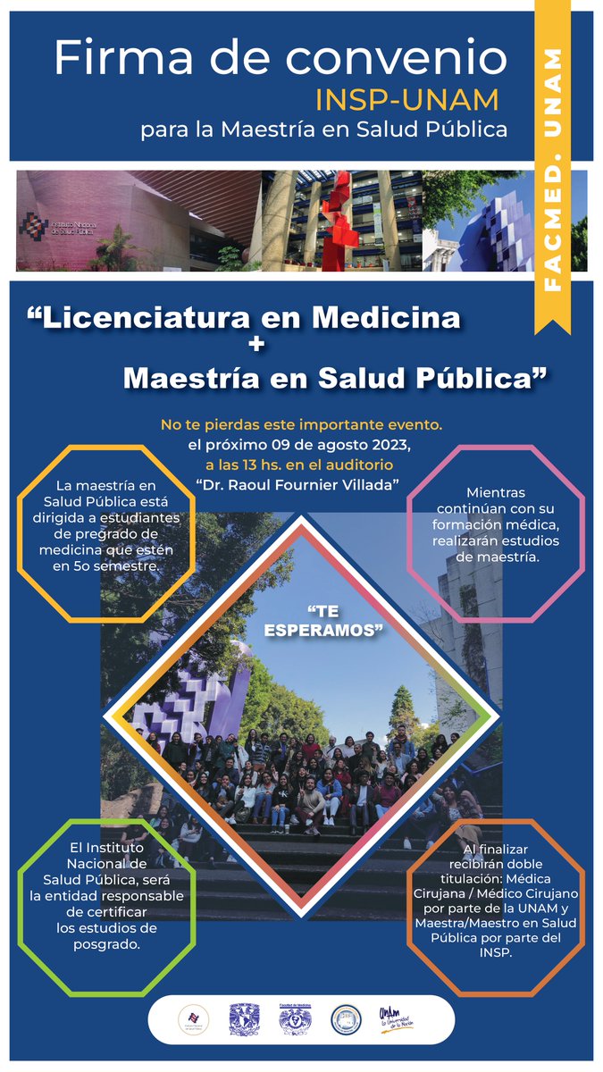 En el marco de la inauguración del congreso EPPENS, se llevará a cabo la firma del convenio INSP-UNAM, para la Maestría en Salud Pública. Espera nuestra convocatoria 2023, el miércoles 09 de agosto de 2023, en nuestras redes sociales.
<a href="/inspmx/">INSP México</a>

+
<a href="/FacMedicinaUNAM/">FacultadMedicinaUNAM</a>