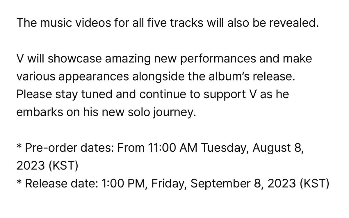 jmygmochis's tweet photo. — INFO

El álbum en solitario de V, “Layover”, se lanzará el viernes 8 de septiembre! Tendrá cinco pistas (y una pista adicional) y tendrá un video musical para las cinco pistas.

LAYOVER IS COMING
TAEHYUNG IS COMING
KTH1 IS COMING
#V @BTS_twt https://t.co/Ksw9tkmW4j