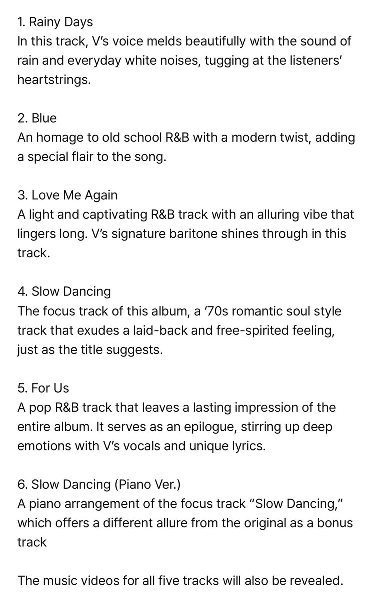 jmygmochis's tweet photo. — INFO

El álbum en solitario de V, “Layover”, se lanzará el viernes 8 de septiembre! Tendrá cinco pistas (y una pista adicional) y tendrá un video musical para las cinco pistas.

LAYOVER IS COMING
TAEHYUNG IS COMING
KTH1 IS COMING
#V @BTS_twt https://t.co/Ksw9tkmW4j