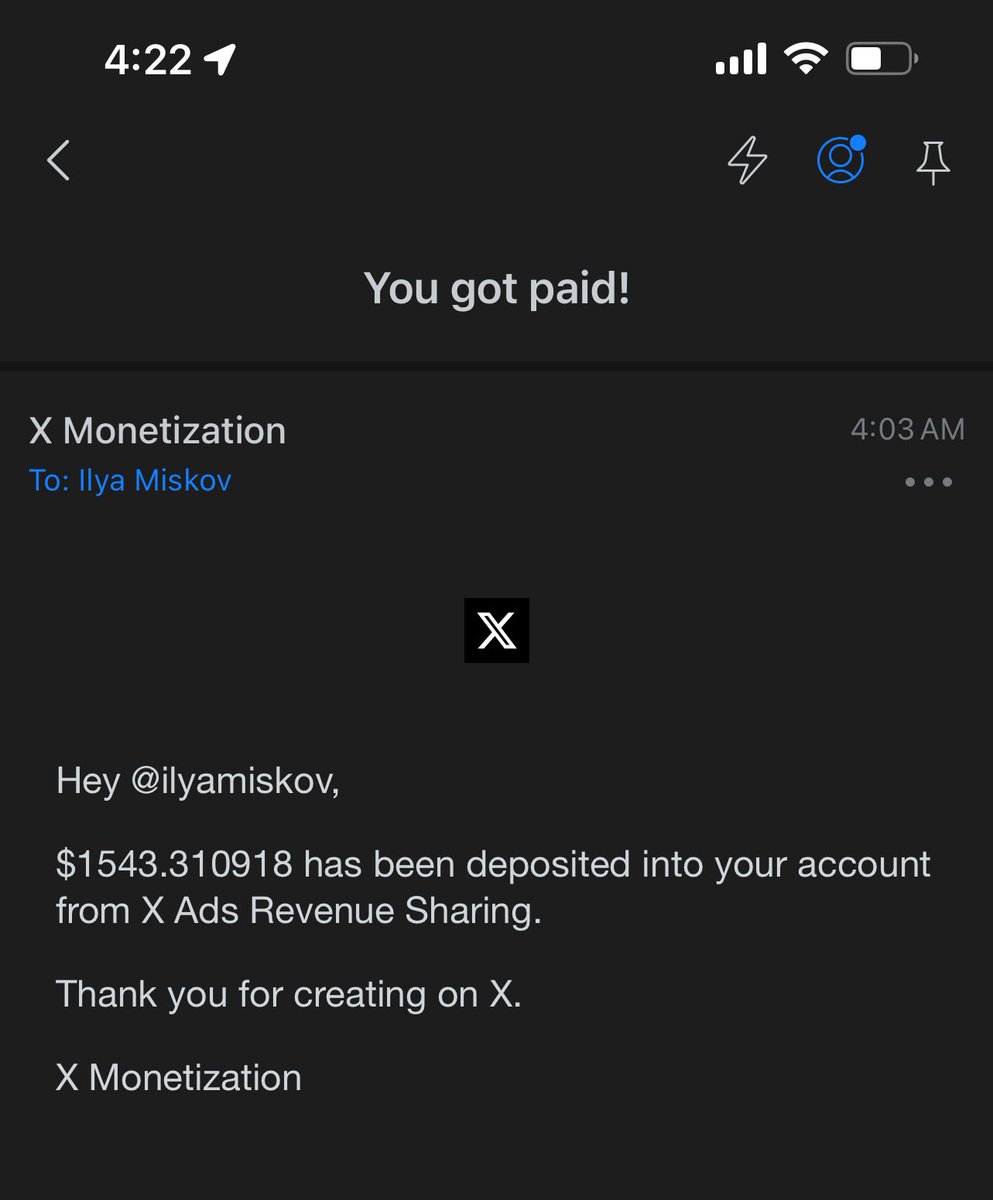 英文推有钱途这位X主只有2.2万follow。 显示5千5百万。 广告分成1543美金中文推主我还没看到晒出比这个更高的。