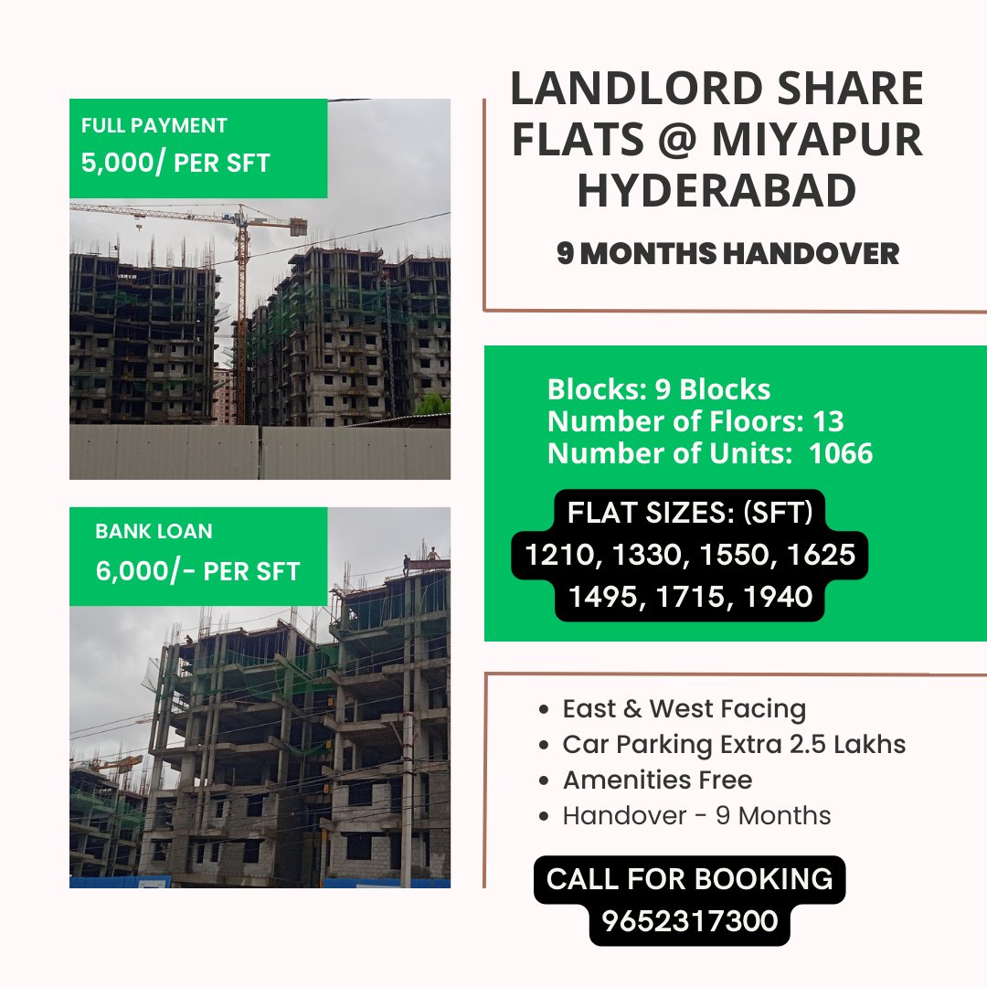 ✳️HMDA/RERA Approved Gated Community Apartments @ Miyapur, Hyderabad
✳️Handover - 9 Months
✳️Landlord Share Flats

Price: 
♦️Outright (Full Payment in 30 Days) - 5,000/- Per Sft
♦️Bank Loan - 6,000/- Per Sft
♦️Car Parking Extra 2.5 Lakhs
♦️Amenities Free