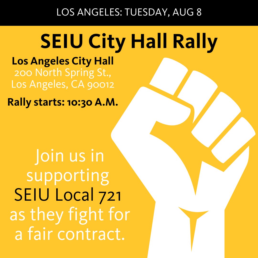 LA #sagaftramembers, show your union #solidarity TOMORROW, 8/8 at 10:30 AM at Los Angeles City Hall. We're joining @SEIU721's picket line as they fight for a fair contract. #1u #ULPStrike #SAGAFTRAstrong