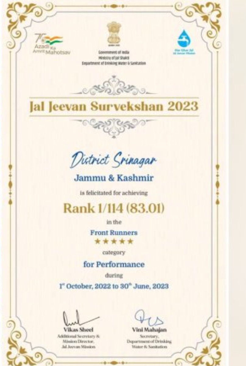 In one more major recognition, the Srinagar District has been Ranked as the top performing District under #JJS_2023 among 114 Har Ghar Jal Certified Villages across the Country in the implementation of the Jal Jeevan Mission during Oct,01, 2022 to June 30, 2023.<a href="/OfficeOfLGJandK/">Office of LG J&K</a>