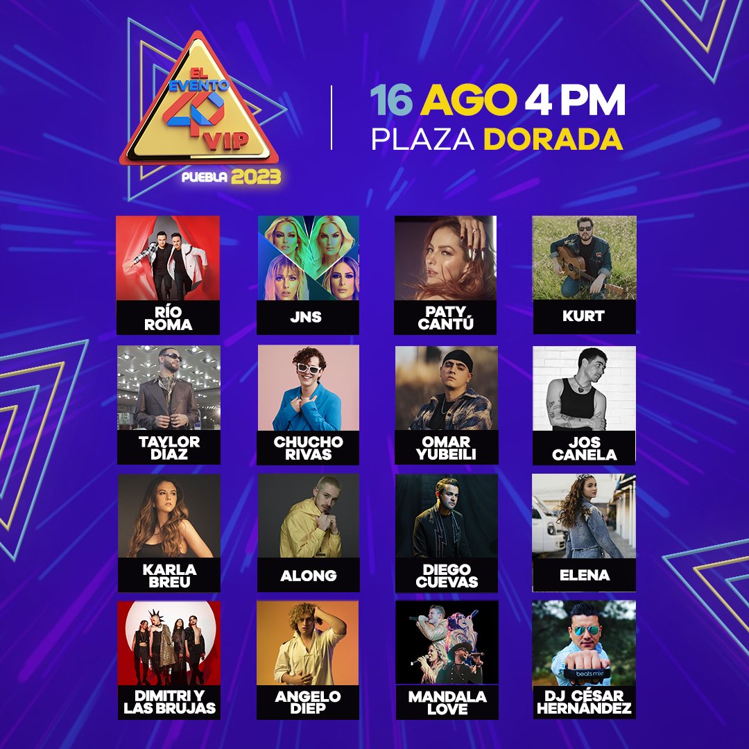 Los40_PueblaFM's tweet photo. El Evento 40 VIP 🎙 ¡No dejes que te lo cuenten! 🎶

Este es nuestro #LineUp oficial de #ElEvento40 VIP con los artistas del momento 🤩

¿Y tú ya estás listo para este gran concierto? 🎶

🗓16 de Agosto
⏰4PM
📍 Plaza Dorada

#ElEvento40Puebla #TodaLaActitud #987FM https://t.co/yygcdAYKEU
