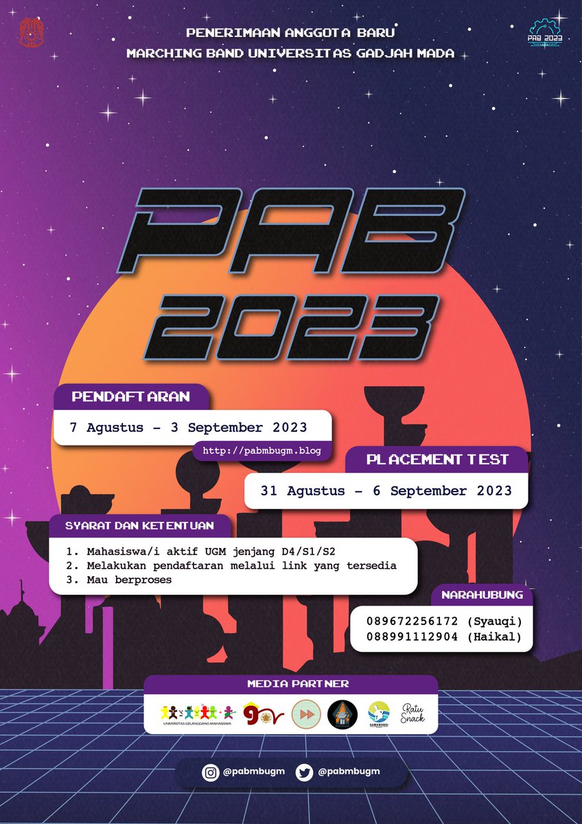 pabmbugm's tweet photo. [PAB MB UGM 2023]

Hari yang dinanti akhirnya tiba, udah ga penasaran lagi kan pendaftarannya kapan?!

Kami Marching Band Universitas Gadjah Mada dengan bangga mempersembahkan "Penerimaan Anggota Baru Marching Band UGM 2023" https://t.co/y50nHkPU61