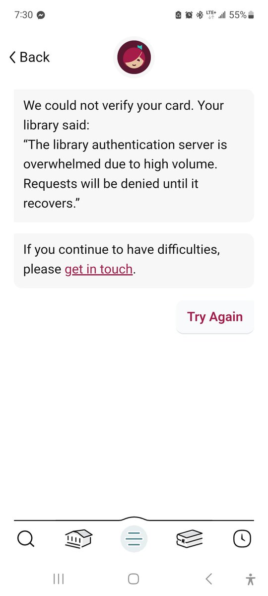 GoRiders0011's tweet photo. @calgarylibrary been trying all evening to borrow an audiobook and keep getting this message. Is the system going to be working anytime soon? https://t.co/tE58sbkTIk