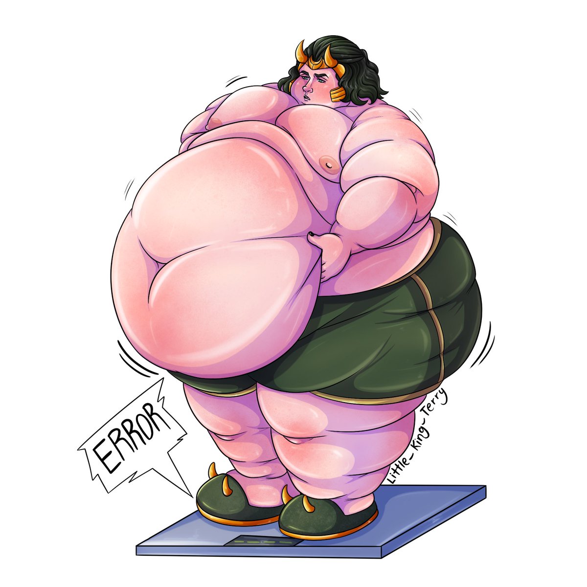 LittleKingTerry's tweet photo. I doubt very much that Prince Loki could read the numbers on the scale with that big belly in front of him, but the weird beep it made when he landed on it is a clear indicator that he's over the 600 pound limit.

#chubbyloki #ssbhm #weightgain https://t.co/eWraZPkqIc