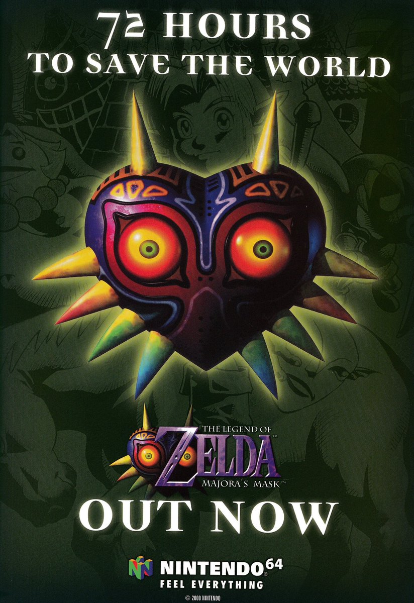 The Legend of Zelda: Majora’s Mask (2000) promotional artwork #3.

This shows Majora’s Mask itself with “72 HOURS TO SAVE THE WORLD” written above which is the essentially the main aim of the game. Three days to stop the moon crashing down. 🌚💥

#Zelda #Nintendo #N64 #Gaming