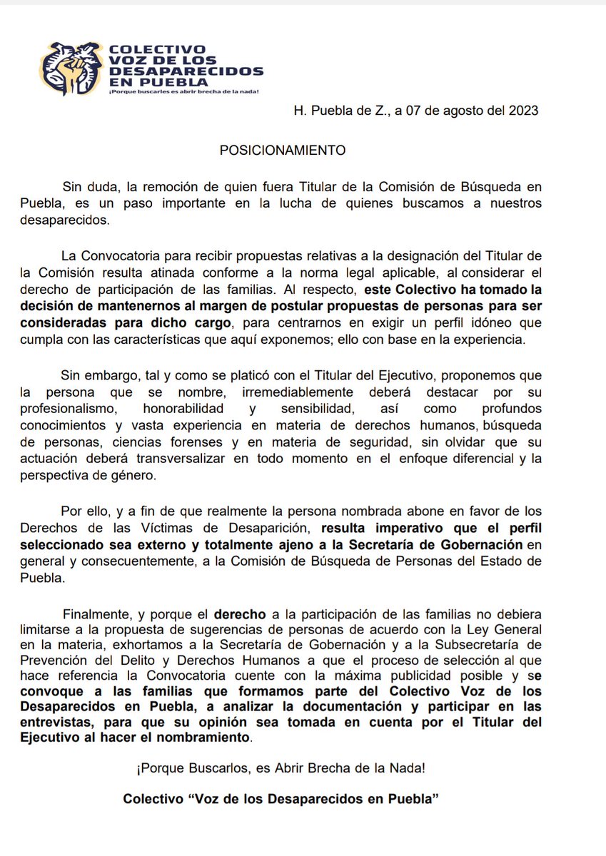 codigoramos's tweet photo. #DERECHOSHUMANOS | Colectivo @VozdelosDesapa  al margen de postular personas para encabezar la @busquedagobpue; se centrarán en exigir un perfil idóneo y capaz de otorgar certeza  a las familias que no dejan de buscar a aquellas personas que han dejado de ver https://t.co/teYDIEGK9c