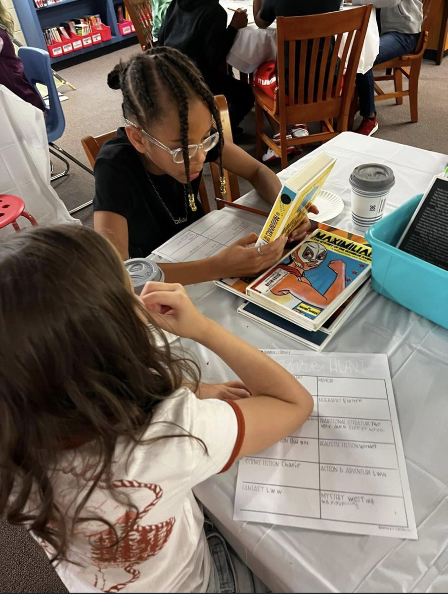 BethRogersENES's tweet photo. After our genre unit this week, we had a "book tasting". Treats and juices were served with a smile while the students collaborated about a variety of books on their table. Lots of 5 star reviews, and only one table asked to speak to a manager. 😂 #onenewton #enespawpride #genre https://t.co/mwAPaqrfZH