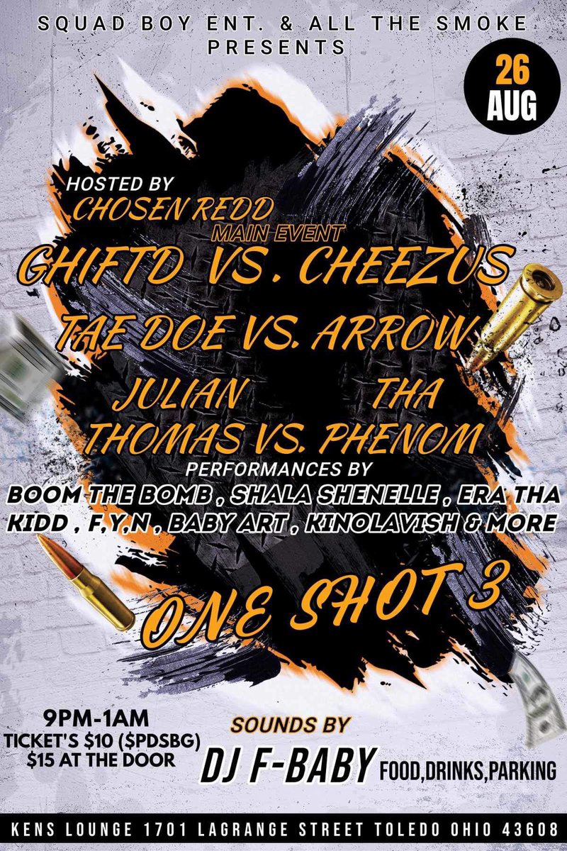 payne1925's tweet photo. This like my 12th event I threw!! Came a long way 🤞🏾 #SquadBoyEnt | #ATS presents.. #OneShot3 going down on my C-Day (8/26) @ Ken’s Lounge!!
@GhiftdATS vs. #Cheez
@TaeDoe_74 vs. #Arrow
@Zone8PE_Julian vs. #ThaPhenom w/ performances by @BoomTheBomb @ShalaShenelle & more!! https://t.co/w6tUxRhiXX