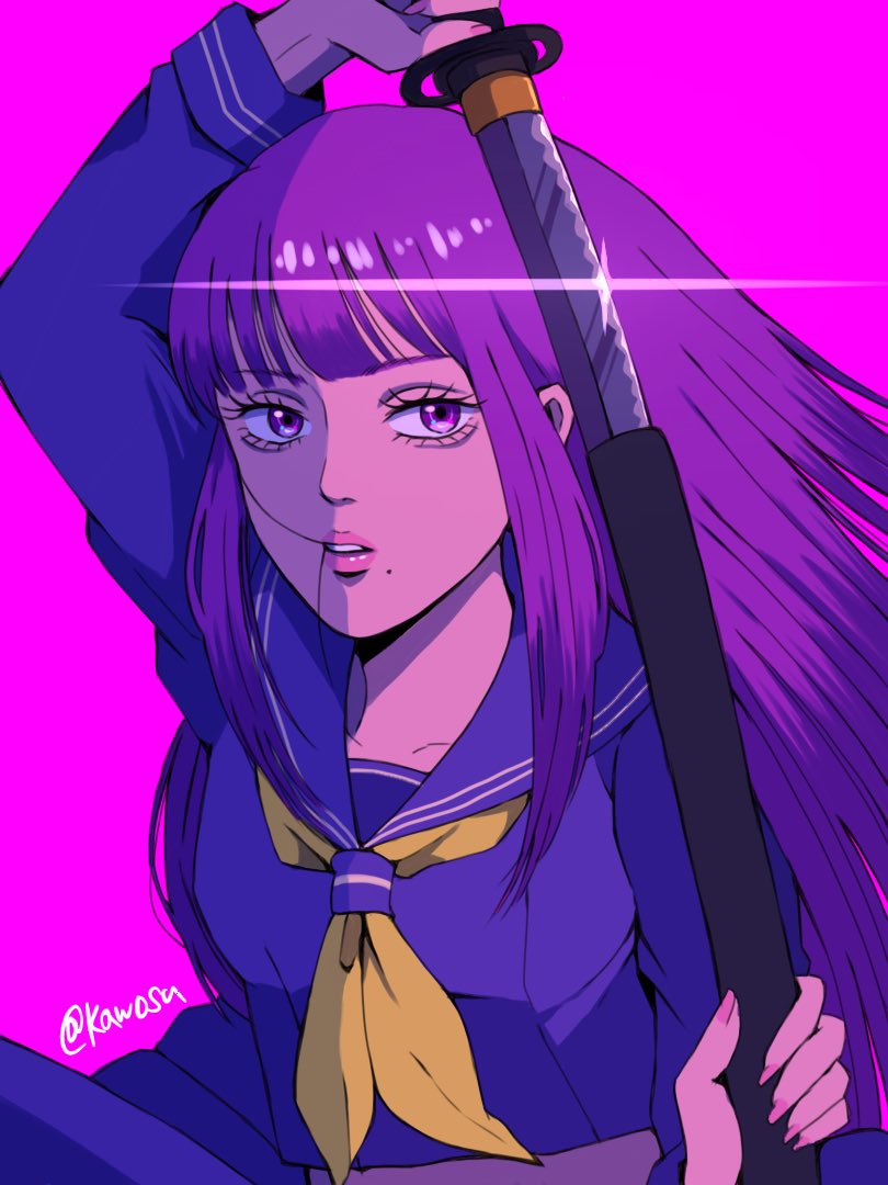 1girl weapon sword solo purple hair school uniform unsheathing  illustration images