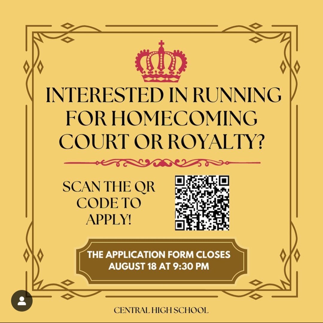 Homecoming court and royalty applications are here!! Due by Friday, August 18th at 9:30pm 👑 We will hope you will apply! Use this link to apply or scan the qr! 
tinyurl.com/23HocoNoms
#CentralHS #KellerISD #homecoming #hoco23 #HomecomingRoyalty #HomecomingCourt #king #queen