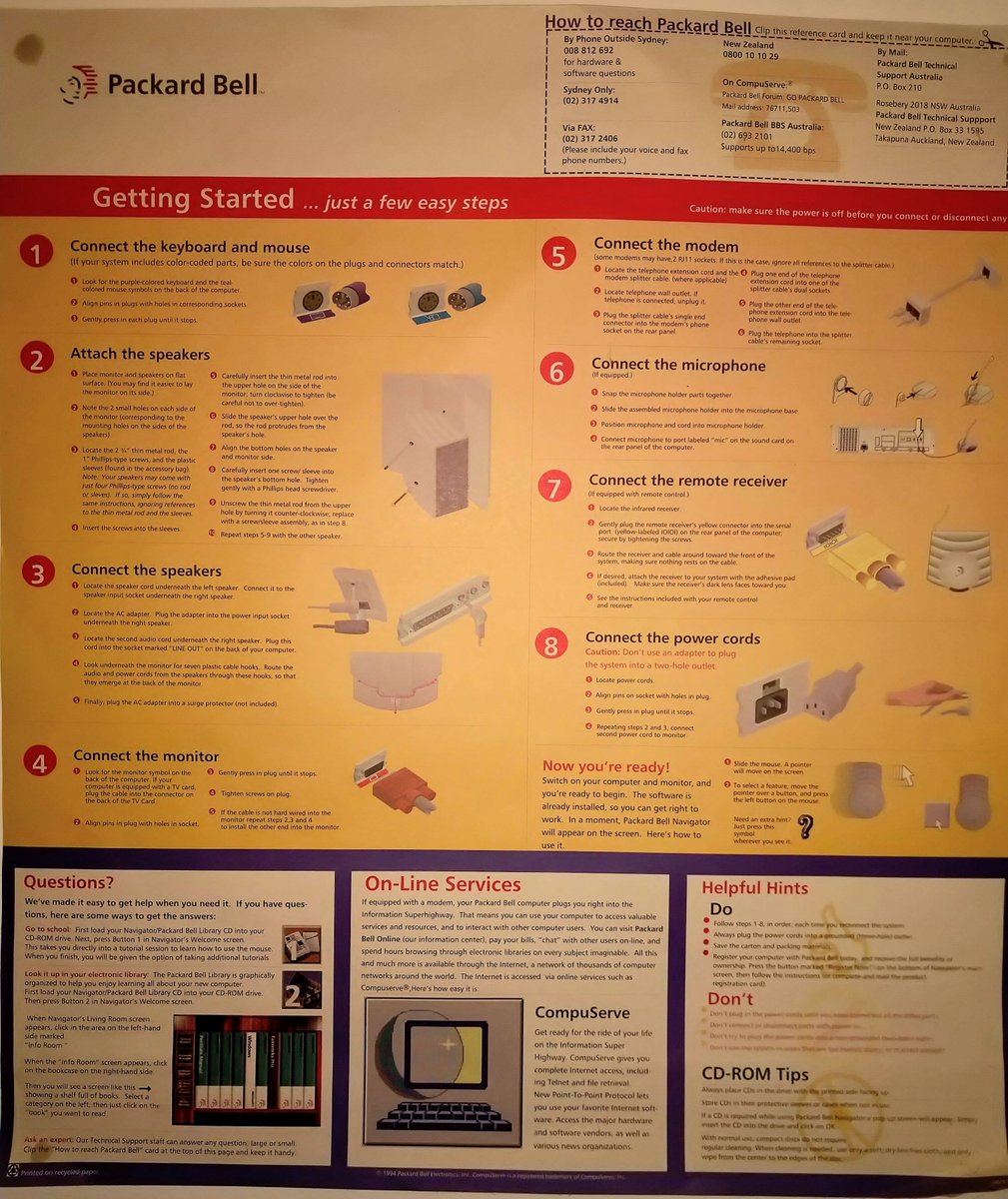 The getting-started instructions from a Packard Bell multimedia computer we got in 1996.
It came with Windows 95, an 850 megabyte hard drive, and The Journeyman Project on CD-ROM.
#nostalgia #RetroComputing #90s #ComputingHistory #RetroGaming