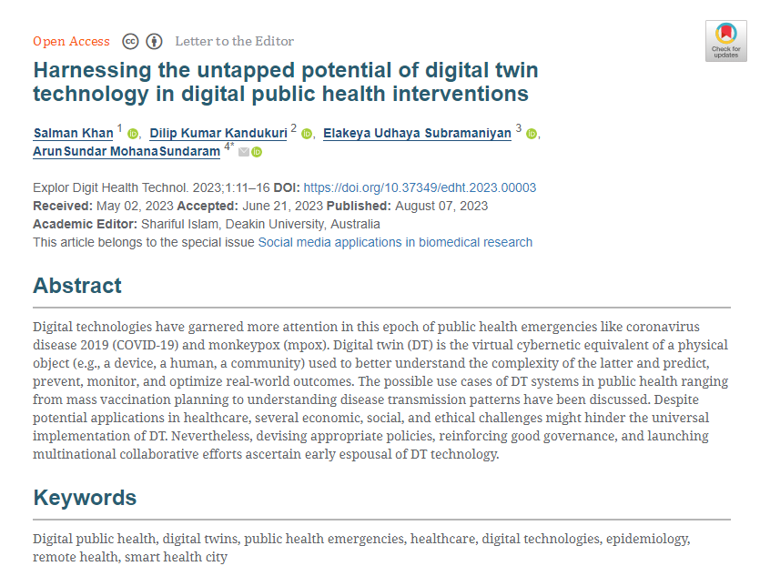 📣 New Article Sharing!

Harnessing the untapped potential of digital twin technology in digital public health interventions

Authors: Salman Khan, Dilip Kumar Kandukuri, Elakeya Udhaya Subramaniyan, ArunSundar MohanaSundaram

📄explorationpub.com/Journals/edht/…