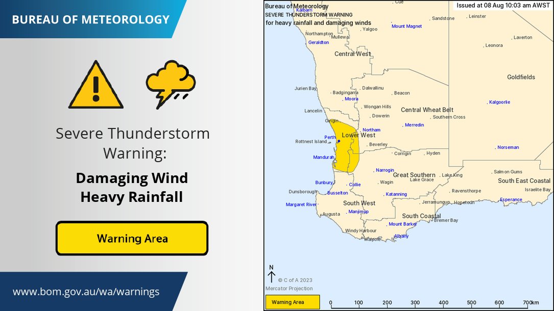 BOM_WA's tweet photo. ⚠️ The Severe Thunderstorm Warning has been updated to include northern parts of the #Perth metro area.
Stay up to date with the warnings: https://t.co/nDlcGPr1C2 https://t.co/Wd8w9ooVqa