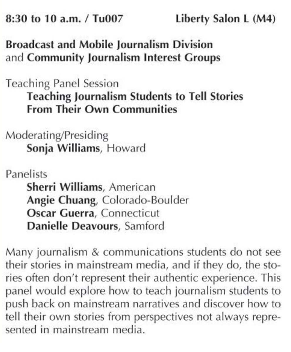AEJMCComJIG's tweet photo. Day 2 of #aejmc23 tomorrow! Join us and @AEJMC_BAMJ at 8:30 a.m. for a teaching panel “Teaching Journalism Students to Tell Stories From Their Own Communities.” Then, at 12:30 p.m., check out our #ComJIG research poster session! https://t.co/QjgzpVH3tY