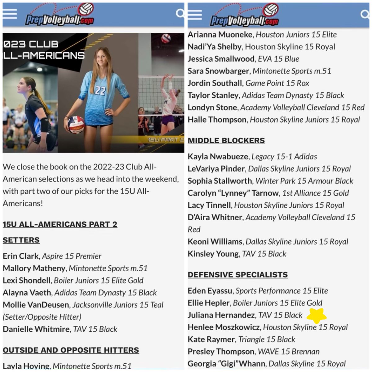 Julianna Hernandez (@jhernandez2026) on Twitter photo Congrats to my teammates <a href="/dwhitmire2026/">Danielle Whitmire</a> and <a href="/KinsleyYoung10/">Kinsley Young</a> for being named All-Americans by <a href="/PrepVolleyball/">PrepVolleyball.com</a>! So honored to share this recognition with them! Thank you so much PrepVolleyball! <a href="/TAVVolleyball/">TX Advantage VB</a> <a href="/Memorial_VB/">Memorial Volleyball</a> <a href="/Jimmy_PVB/">Jimmy Pompeo</a> <a href="/PDTexas/">Prep Dig Texas</a> <a href="/usavolleyball/">USA Volleyball</a> Congrats to my teammates <a href="/dwhitmire2026/">Danielle Whitmire</a> and <a href="/KinsleyYoung10/">Kinsley Young</a> for being named All-Americans by <a href="/PrepVolleyball/">PrepVolleyball.com</a>! So honored to share this recognition with them! Thank you so much PrepVolleyball! <a href="/TAVVolleyball/">TX Advantage VB</a> <a href="/Memorial_VB/">Memorial Volleyball</a> <a href="/Jimmy_PVB/">Jimmy Pompeo</a> <a href="/PDTexas/">Prep Dig Texas</a> <a href="/usavolleyball/">USA Volleyball</a>