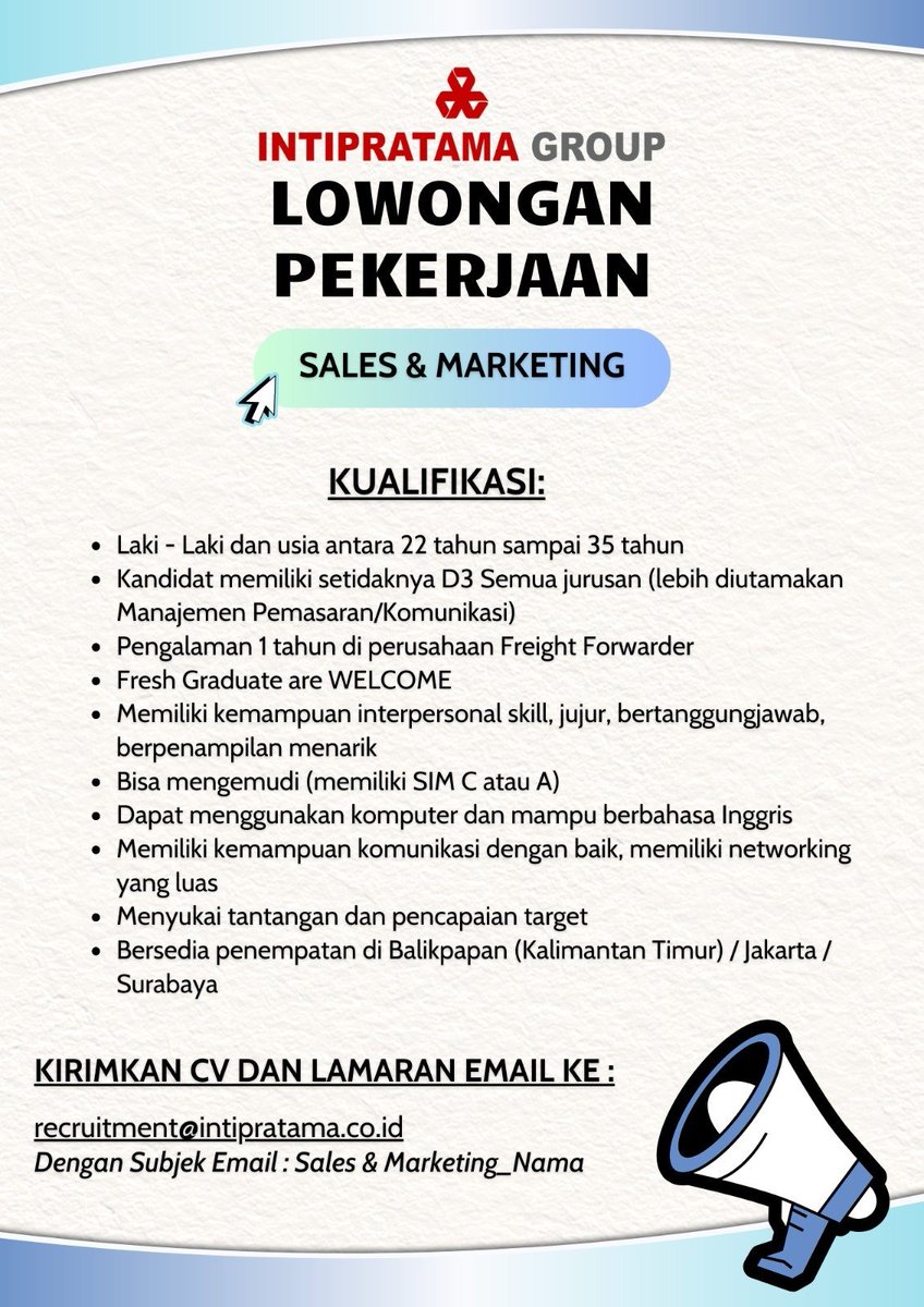 Corporate_Sl4v3's tweet photo. Selasa 08/08/2023

Post lowker setelah sekian la,,silahkan still fresh 

Mohon d bantu retweet mincot @hrdbacot @mas_recruiter @txtdrlinkediin @apamungkasa @Corporate_Slav3

Mimin @Balikpapanku @txtbpn @txtsamarinda @SamarindaUpdate @txtbtg @sepmitabepis @Disnaker_BPP #lokercot https://t.co/clH0cAmAUD