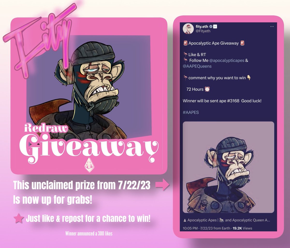 🚨Apocalyptic Ape Giveaway 🚨

🦩Like &amp; RT 
🦩Follow Me &amp; <a href="/apocalypticapes/">Apocalyptic Apes | 🦍</a> 
 🦩comment why you want to win👇
🦩tag a friend if you like them

🚨Winner at 300 likes and retweets🚨 

Winner will be sent ape #3168  
Good luck!

#AAPES