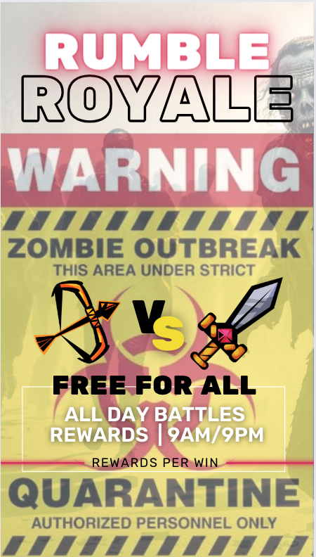 WARNING 🚨 

Tenemos RUMBLE ROYALE en la comunidad este miércoles 9am/9pm/9 de Agosto. Estaremos batallando en la ERA de los ZOMBIES, donde los matches se vuelven mas intensos cada round! Trae tus antidotes y tus bandas para curarte! JOIN NOW! 

#soloraisecommunity #rumbleroyale