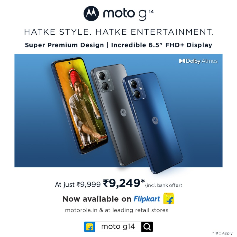 motorolaindia's tweet photo. Elevate your style and entertainment game with #motog14. Immerse yourself in the brilliance of its 6.5” FHD+ display and Dolby Atmos® with stereo speakers. Buy now at ₹9,249* on @flipkart, https://t.co/azcEfy1Wlo, and leading retail stores. #HatkeStyle #HatkeEntertainment