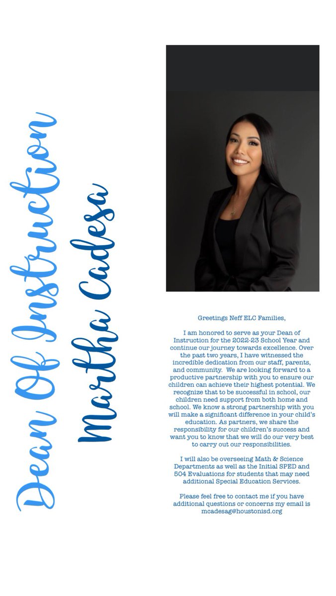 Team Neff ELC is excited to promote Martha Cadesa to the Dean of Instruction for the 2023-24 SY! We are excited for your continued leadership! 
<a href="/HISD_West_D1/">HISD_West_D1</a> @MarthaCadesa