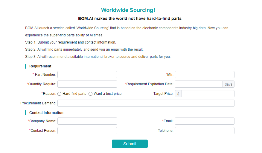 BomAiglobal's tweet photo. Want to find hard-to-find parts? Want to source electronic components at lower prices? BOMAI's worldwide sourcing can help you achieve this!

Come and use our features for free!
https://t.co/HH5i5iETZz https://t.co/XwKqXdEP1n