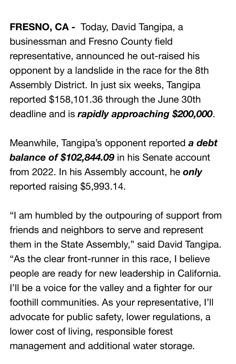 DavidTangipa's tweet photo. I am humbled by the outpouring of support from friends and neighbors to serve and represent them in the State Assembly. 

I believe people are ready for new leadership in California. I’ll be a voice for the valley and a fighter for our foothill communities.

Let’s go to work! https://t.co/yZR0kxlWT2