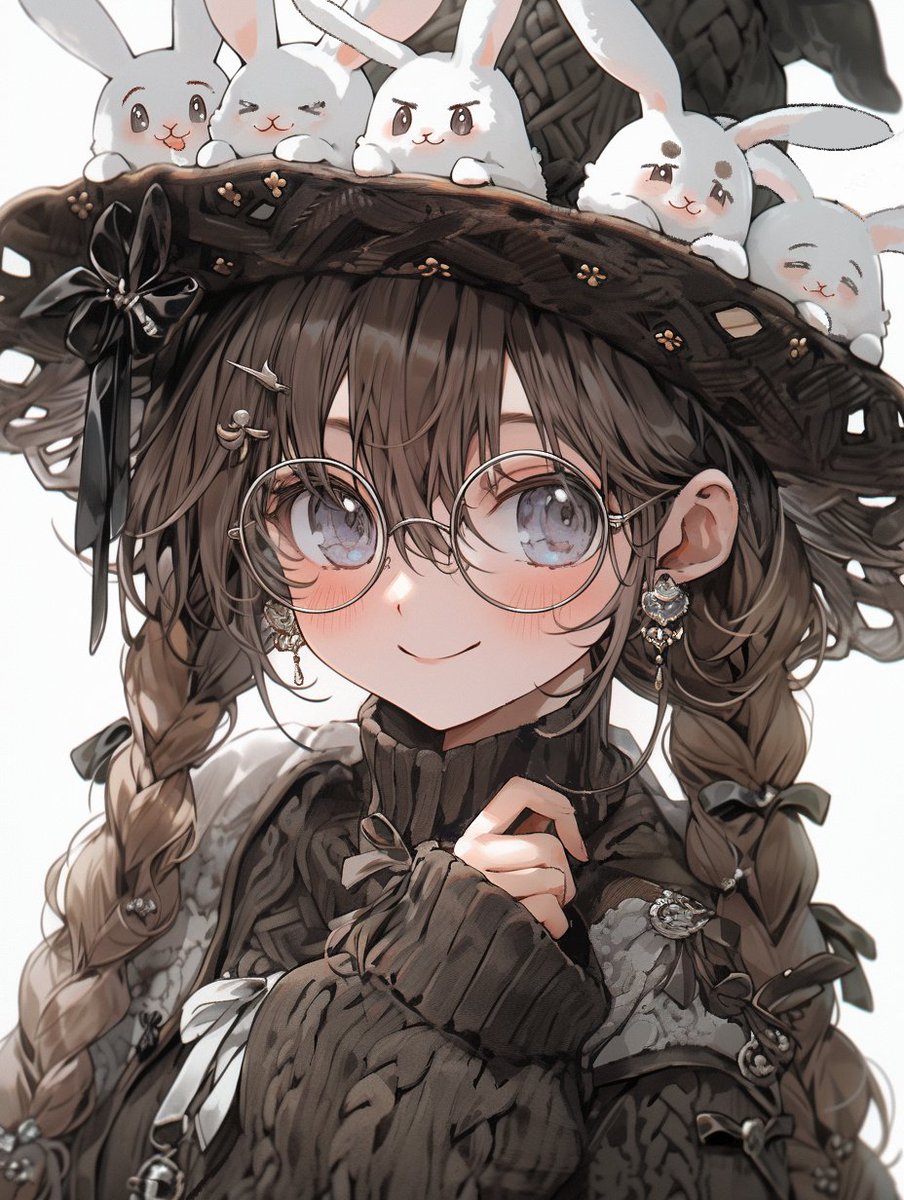 1girl hat glasses witch hat braid round eyewear earrings  illustration images