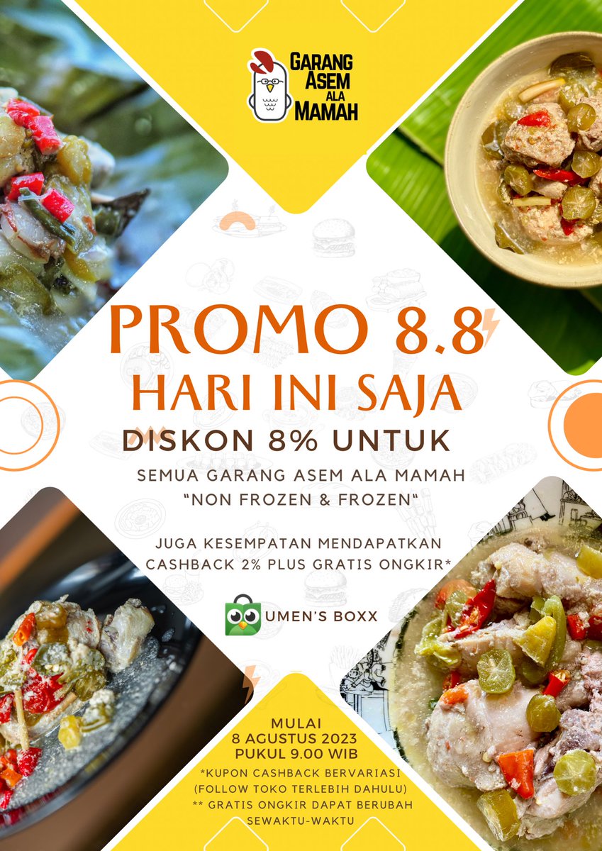 umenumen's tweet photo. Selamat pagi, teman-teman.
HARI INI #GarangAsemAlaMamah ikut promo 8.8 loh. Selain diskon 8%, berkesempatan juga dapat cashback dan gratis ongkir. 

Untuk pengiriman 9-10 Agustus 2023.
Link pesan di sini: https://t.co/ZD7VdYUURx

Terima kasih. https://t.co/1m5MTsek0v