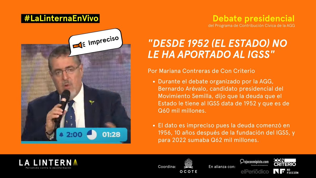 AgenciaOcote's tweet photo. #LaLinternaEnVivo🔦 | ¿Desde 1952 (el Estado) no le aporta al IGSS y le adeuda Q60 mil millones?
Esta declaración de Bernardo Arévalo en el debate de la AGG es #imprecisa🟠
➡️ La deuda comenzó en 1956 y para 2022 sumaba Q62,000,000.
✍🏼@marianac_ovalle de @concriteriogt https://t.co/AQMJMdZYEo