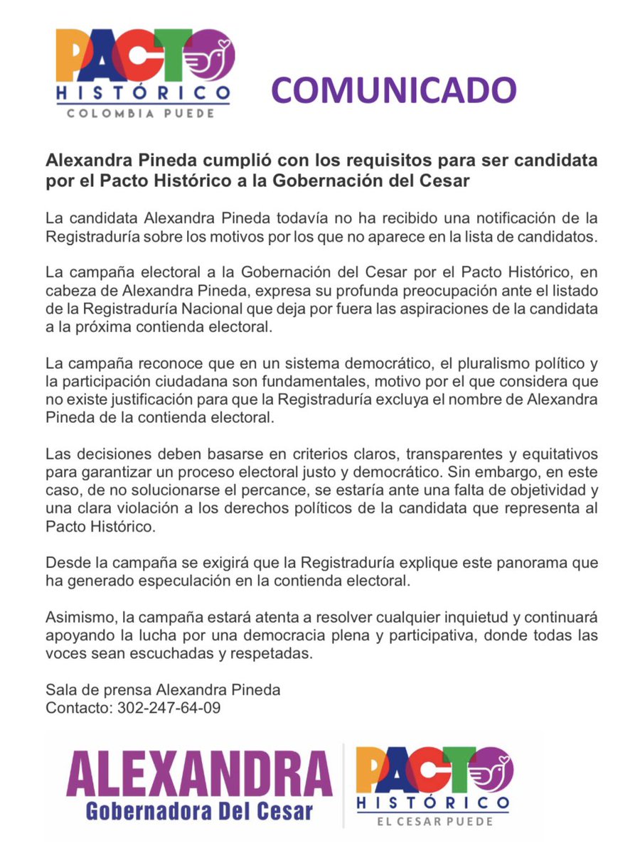 Alexandra Pineda cumplió con los requisitos para ser candidata por el Pacto Histórico a la Gobernación del Cesar

@AlexandraPinor todavía no ha recibido una notificación de la Registraduría sobre los motivos por los que no aparece en la lista de candidatos <a href="/petrogustavo/">Gustavo Petro</a>