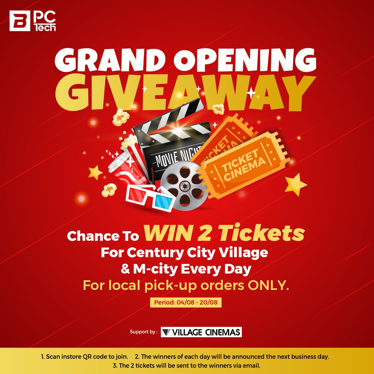 🎉 Exciting News! 🎉
We're celebrating our grand opening with a special giveaway! From August 7th to August 20th, we draw one lucky winner daily from local pick-up orders. You could win 2 movie tickets and enjoy a cinematic night out! 🍿🎬
Here's how to participate:
1. Place a