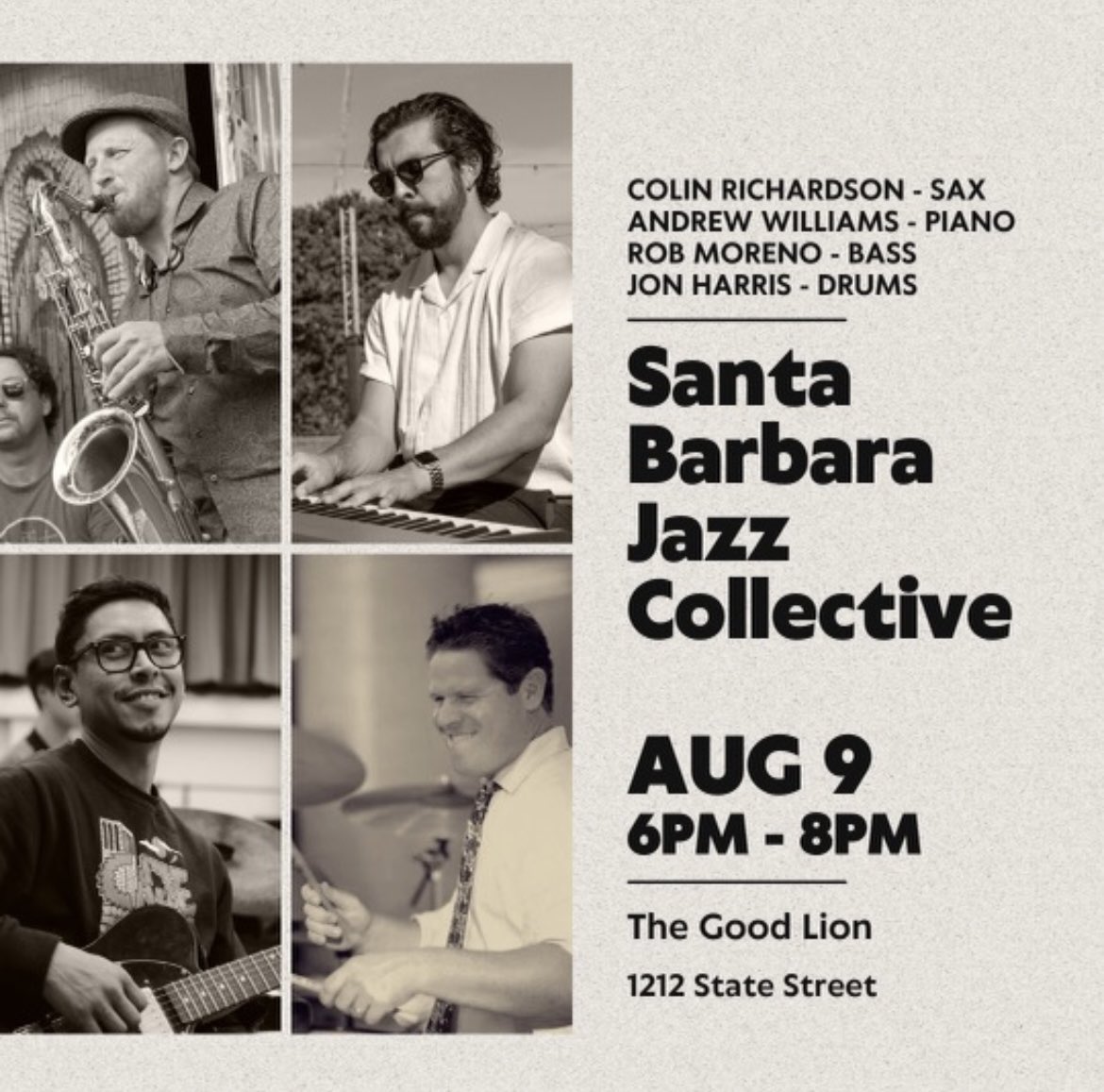 We have live music Wednesday &amp; Thursday this week at The Good Lion on State street!
Wednesday is live Jazz &amp; Thursday Roar &amp; Pour is back! We hope to see you! @visitsantabarbara <a href="/SBDowntown/">Downtown Santa Barbara</a> #santabarbara