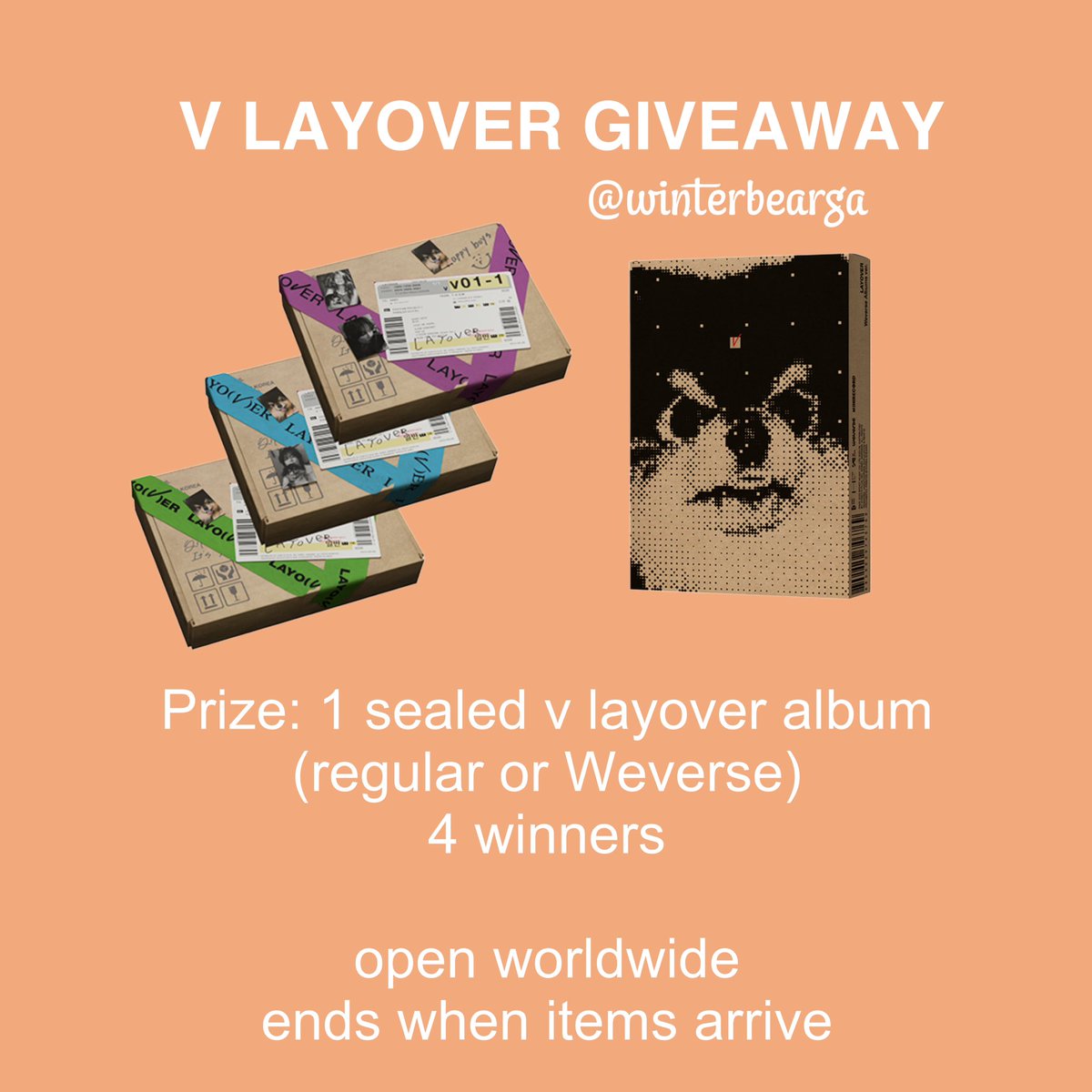 🤍V LAYOVER GIVEAWAY🤍

to celebrate the release of Tae’s first solo album, I’m going to give away 4 sealed albums, 1 to each winner.

-must be following <a href="/winterbearga/">m⁷</a>
- like and rt

ends when the albums arrive to me
 
#btsgiveaway #LAYOVER