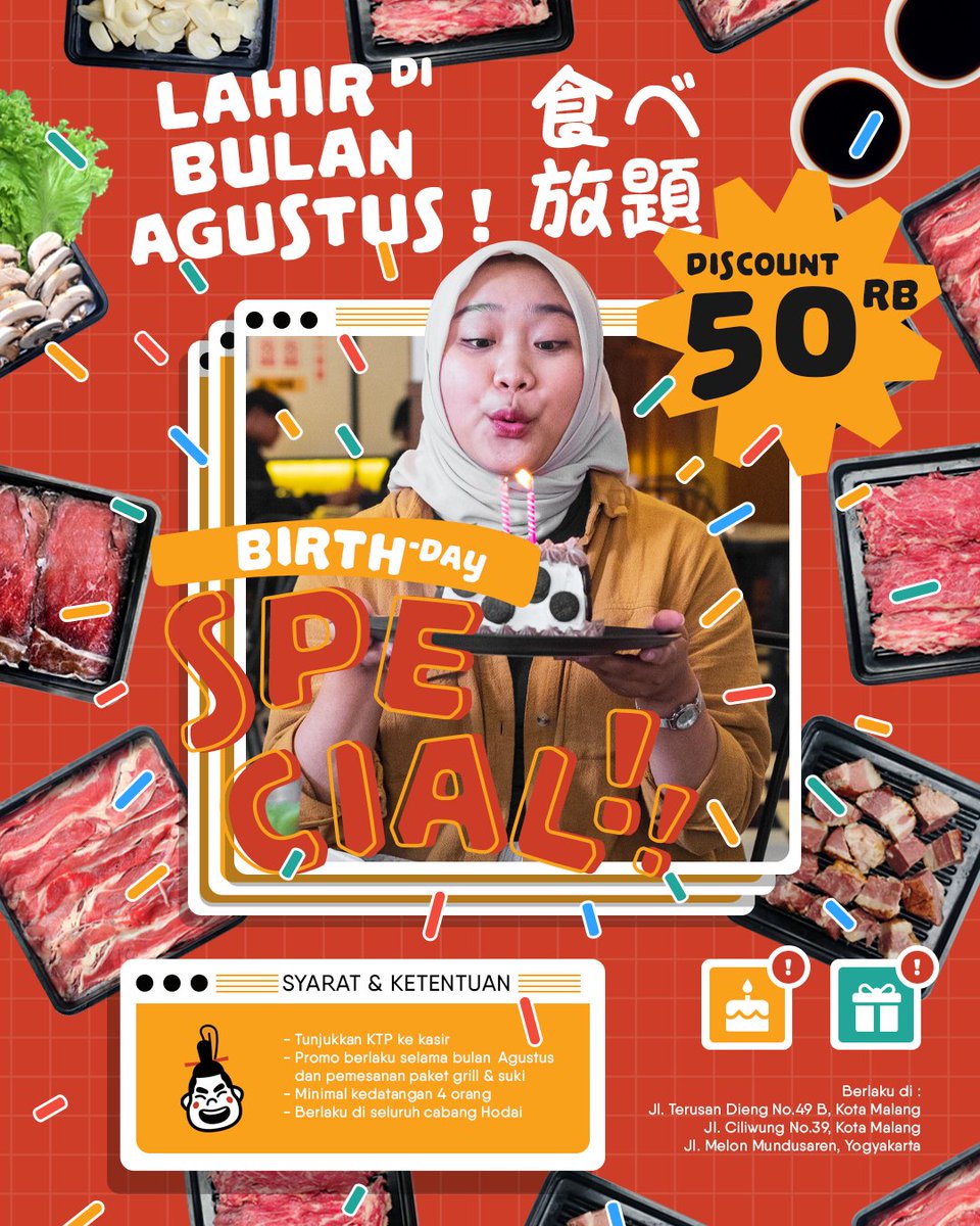 hodai_ayce's tweet photo. Panggilan kepada yang lahir di bulan Agustus!!! Traktiran di Hodai, bisa dapet Diskon Rp50.000🥳
Cek s&amp;k lengkapnya di instagram Hodai ya!
#promo #promomalang #kulinermalang #malang https://t.co/61WIntGTZl