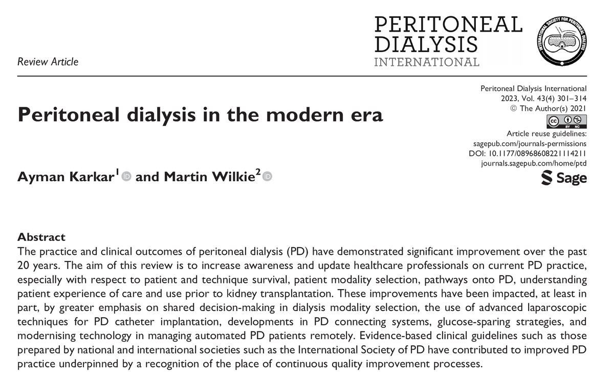 New Issue - July 2023 <a href="/PDI_Journal/">Peritoneal Dialysis International Journal</a> 
📄: Peritoneal dialysis in the modern era
✍: Ayman Karkar and Martin Wilkie <a href="/wilkiemart/">Martin Wilkie</a> 
🔗 : ow.ly/FQv250Puyr1
#PeritonealDialysis 
#OpenAccess
