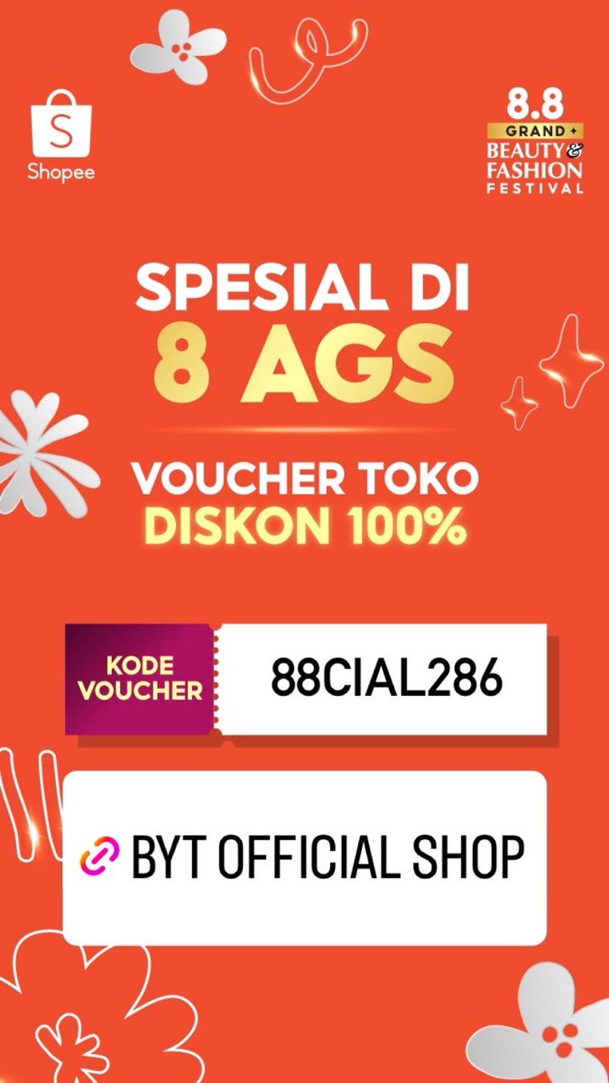 Wohooo🥳🥳🥳
Ada voucher diskon shopee buat produk BYT😍

Buruan salin kode voucher buat redeem diskonnya!!
Jangan lupa HARI INI BANGET YAA!!✨

Share juga ke temen-temen kalian biar ga ketinggal promo 8.8 nya😆
shp.ee/s67dafw