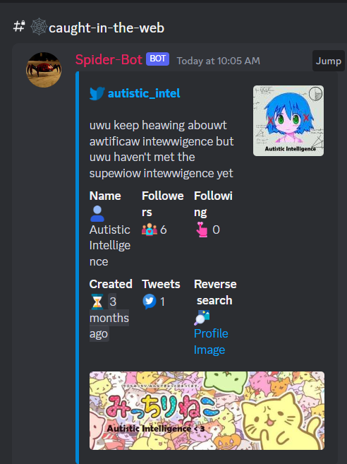 xSpiderSensei's tweet photo. We caught @autistic_intel at 6 followers earlier 👀

Up almost 700% since being caught in SpiderSense's web.

👨‍🍳 https://t.co/7fEJO7O1dZ