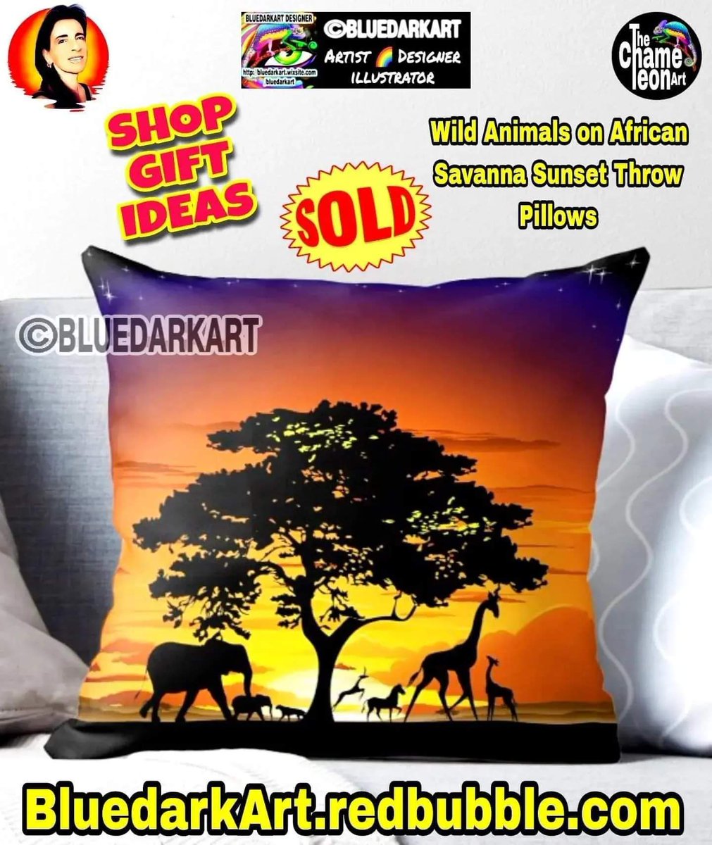 SOLD 🐆 #Wild #Animals on #African #Savanna #Sunset #Pillows 🐘 #design © @bluedarkArt @TheChameleonArt 👉🏾 redbubble.com/i/throw-pillow…
▪︎
My #shop 👉🏾 redbubble.com/people/bluedar…
▪︎ #christmasgifts #xmas #xmasgiftideas #art #copyright #trending #gifts #giftideas #shopping #tiktok