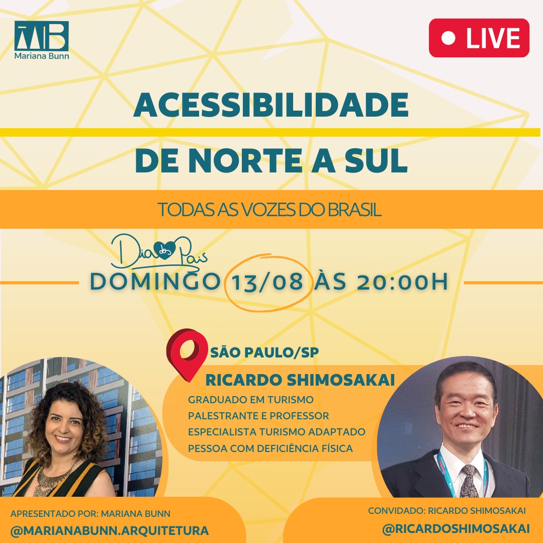 A Arquiteta Mariana Bunn convida o especialista em acessibilidade e inclusão para bater um papo na série Acessibilidade de Norte a Sul. Será uma transmissão ao vivo pelo Instagram, no Domingo 13/08 às 20:00, então reserve essa data e horário em sua agenda, e prepare sua perguntas
