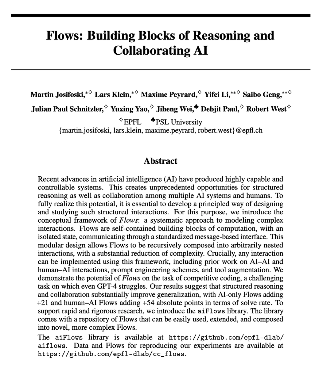 MartinJosifoski's tweet photo. LLMs create many opportunities for complex workflows involving AI systems, tools, and humans, but we lack an abstraction for effectively modeling these interactions.
🚨 We introduce a conceptual framework and a library centered around 🌊Flows communicating via messages!
🧵 https://t.co/eZPesxNUh5