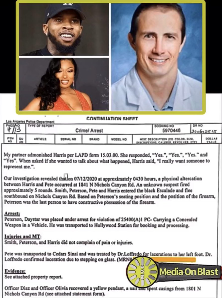 HarrietEve9's tweet photo. TMZ broke the story of Megan Thee Stallion injured foot being from broken glass — and Tory Lanez arrest for a unregistered gun…

TMZ release the the entire footage of the incident…

A few days later — Megan went to her IG account to announce that her injury was not from glass — but was actually from being shot with gun…

At or about a month later — Megan went on IG live to accused Tory Lanez as being the shooter.. 

I immediately went back to look at TMZ video footage of Megan standing and walking in the video.., Yes, she was injured — but in my opinion — she didn’t look like someone who had been shot in both feet at point blank range — BAREFOOT…

Months later, the reports and transcripts start coming out… 

The initial ER physician says her injuries are superficial — however, twelve hours later — a orthopedic surgeon says she has been shot in boot feet…

Due to the fact that the surgical report states that 12 hours after Megan entered Cedars Sinai ER — she went under general anesthesia to remove bullet fragments from BOTH her foot…

However, there is no evidence of the bullet fragments by the LAPD — and Cedars Sinai orthopedic surgeon Dr. Little only provided the LA prosecutors office with one blurry photo of her left foot.. 

Interestingly, Megan posted to her IG account one photo of her left foot… 

We can agree to disagree — but answer two questions:

1. When has a patient ever been admitted to a hospital for superficial wounds???

2. When has there not been before & after clear photos of a high profile patient with GSW’s and fragments removed — for a planned scheduled surgical procedure??? Any healthcare professional who has worked with a orthopedic surgeon before knows what it is — please don’t answer the question…