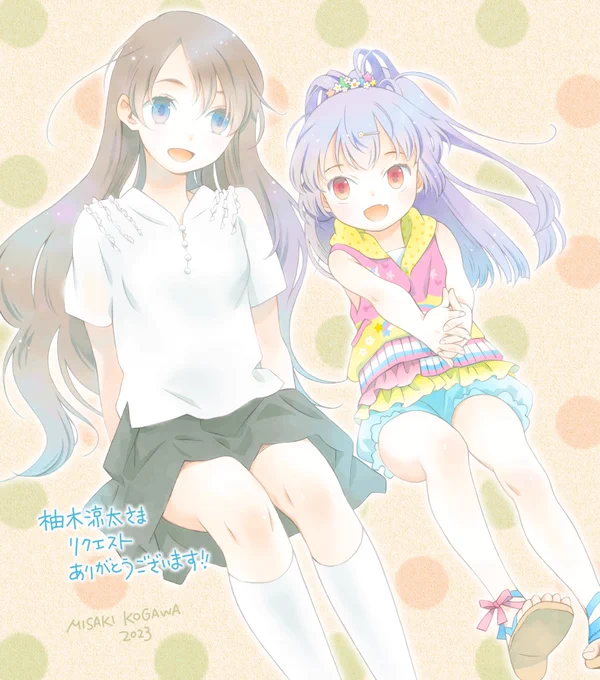 おおあああ…!憧れのこがわみさき先生に描いていただいた小恋とピニュちゃん見て見て見て…かわいい…かわいい…お話してる…!!!!柔らかそう〜髪型も何もかもかわいい〜おひざ…良…  #KGW_etu00