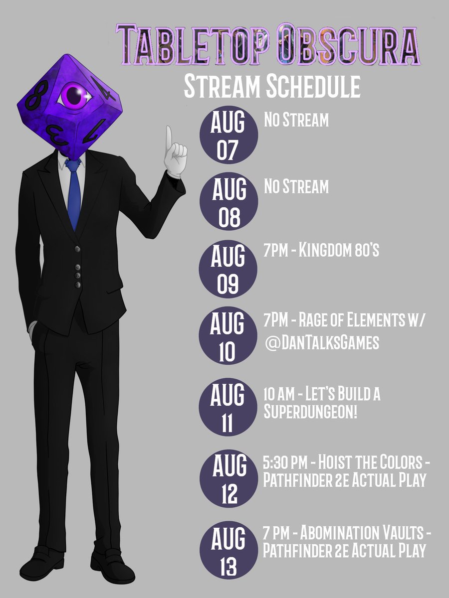 ObscuraTabletop's tweet photo. Here's the stream schedule for this week, all times are in AEST as always.
Also you're seeing that right I convinced @DanTalksGames to join me for a talk about the recently released #RageOfElements for #Pathfinder2e. It's going to be a fun time as we talk Kinectist and beyond! https://t.co/ijzOBSLIrh